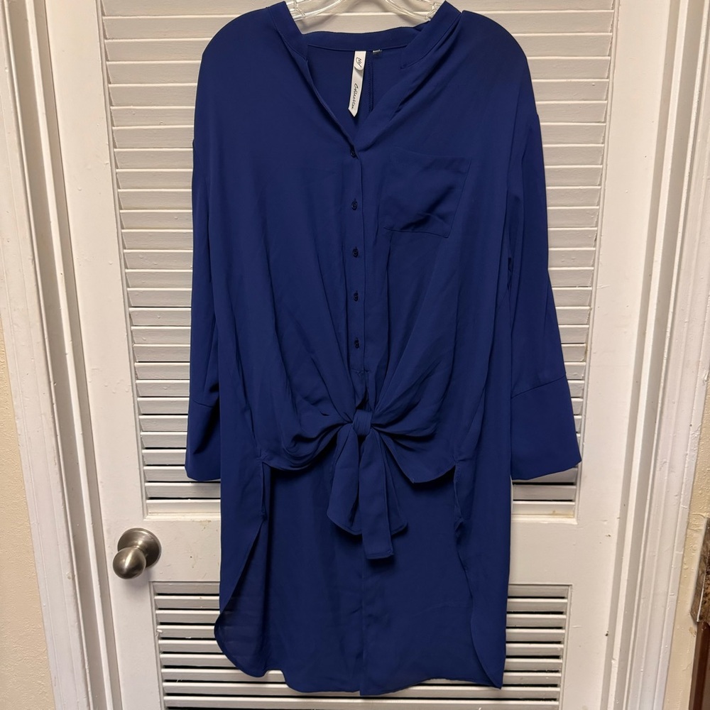 Blue Tie-Front Button Shirt /Dress - Women Tops